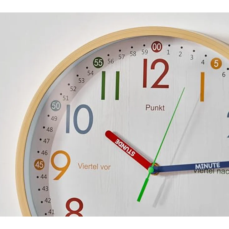 K&L Wall Art Wanduhr Holzoptik Lernuhr Kinderuhr leise Kinderwanduhr modern (Kinderlernuhr ohne Tickgeräusche) in Bunt, 30 cm Durchmesser, Kunststoffrahmen – Bild 6