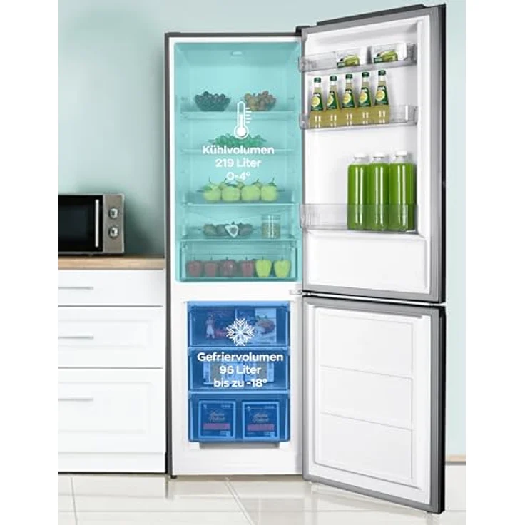 Heinrich´s Kühlgefrierkombination mit 315 L Gesamtvolumen, 219 L Kühlvolumen und 96 L Gefriervolumen, LED Beleuchtung, leise 40 dB, 7 Temperaturstufen, Inox – Bild 4