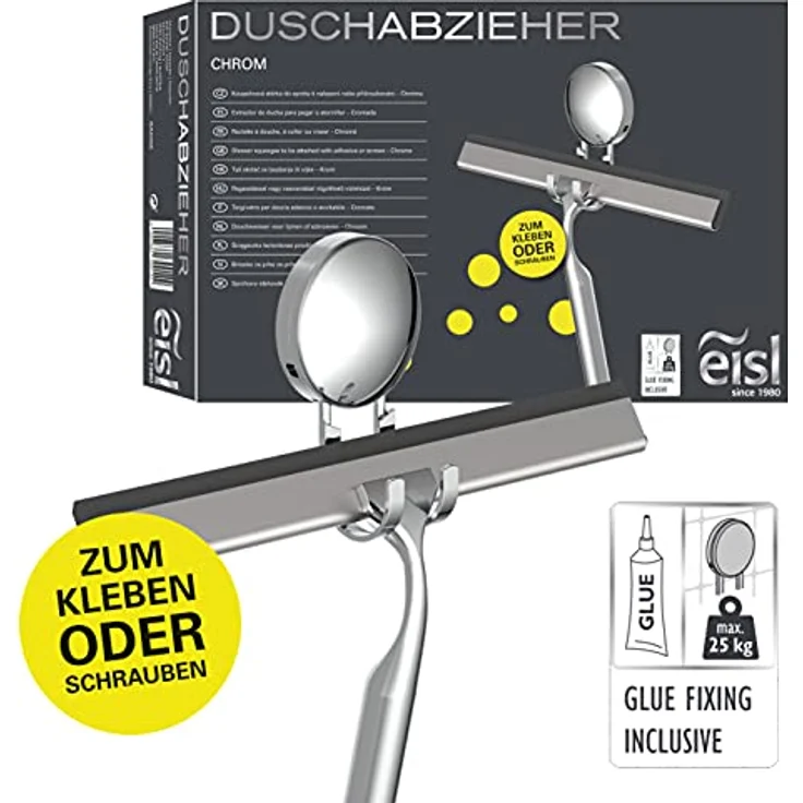 EISL BA0206 Duschabzieher Edelstahl mit Wandhalterung, Duschwandabzieher ohne Bohren, Abzieher Dusche zum Kleben, Glasabzieher zum Einhaken, Fliesenabzieher, Chrom, (B x H x T): ca. 250 x 235 x 38 mm – Bild 2