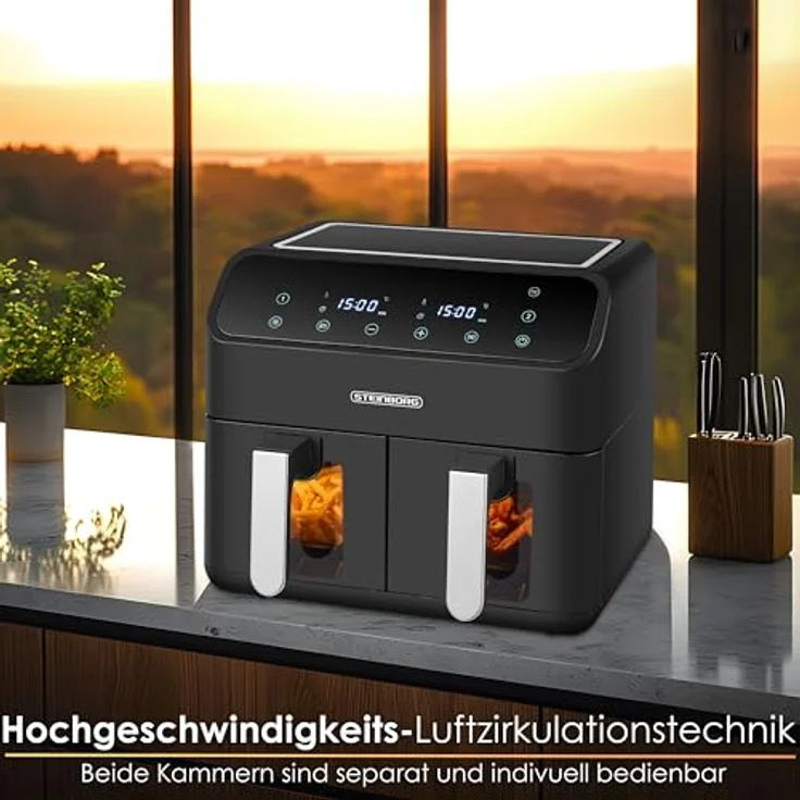 Steinborg Heißluftfritteuse 2 Kammern 8 Liter XXL Air Fryer 4 in 1 Mini Backofen, 2000 Watt, Antihaftbeschichtung, Umweltfreundlich - Schwarz – Bild 5