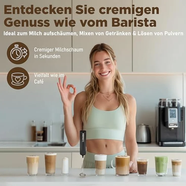 LUNARIA Milchaufschäumer kabellos, Edelstahl, schwarz/silber, 8 W, für Cappuccino & Latte Macchiato, USB aufladbar, 2 Aufsätze – Bild 6