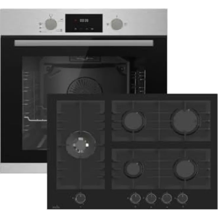 Gasline Herdset GB850-FIX, Gas-Einbaubackofen 69L Umluft + GAG70GLG 70 cm Gaskochfeld, Schwarz Glas, 5 Brenner, WOK-Brenner, A-Energieeffizienz