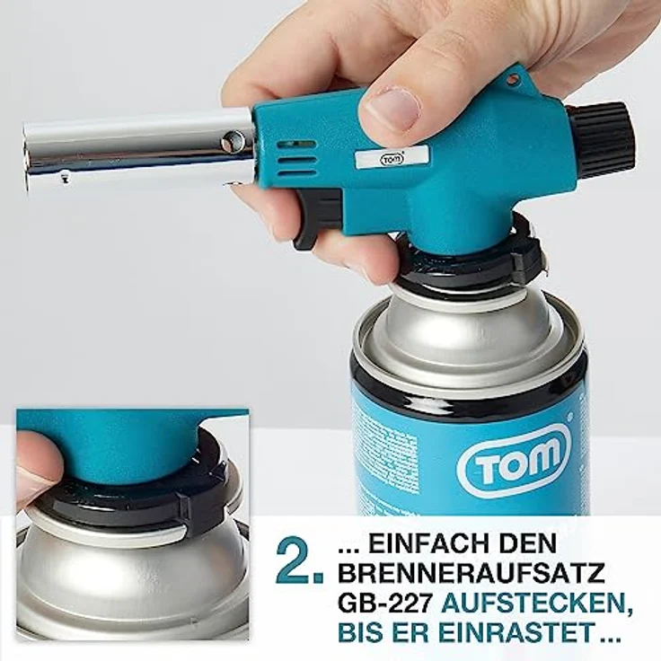 TOM GB-227 Lötbrenner, Flambierbrenner Set mit 1300°C Flammentemperatur, Piezozündung, optional 4x 224g Gaskartuschen – Bild 7