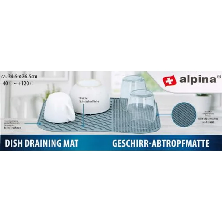 Alpina Abtropfmatte GESCHIRR-ABTROPFMATTE Grau, SilikonMATTE 34,5 x 26,5 cm, schützende Oberfläche für Gläser und Geschirr – Bild 3