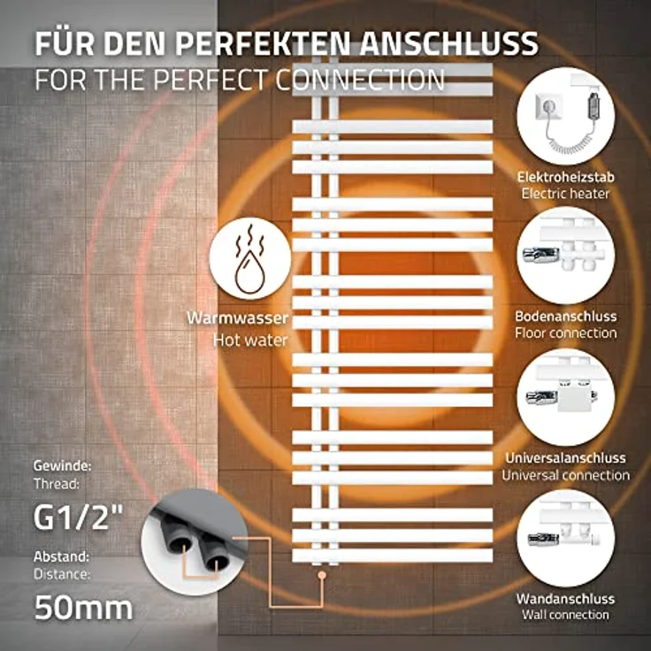 ECD Germany Iron EM Design Badheizkörper elektrisch, Heizstab 900W, 600 x 1600 mm, Weiß, Handtuchwärmer und Trockner, inkl. Montagematerial – Bild 5