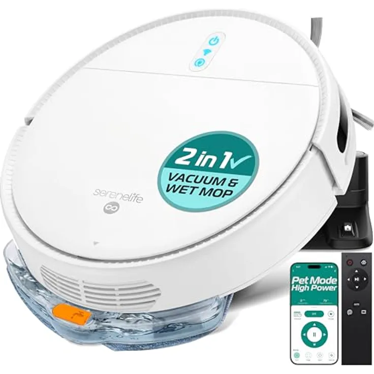 SereneLife Saugroboter SLRC 100, Staubsauger mit Wischfunktion, 700Pa Saugkraft, App-Steuerung, 3 Reinigungsmodi, selbstaufladend, für Tierhaare, Hartböden und Teppiche