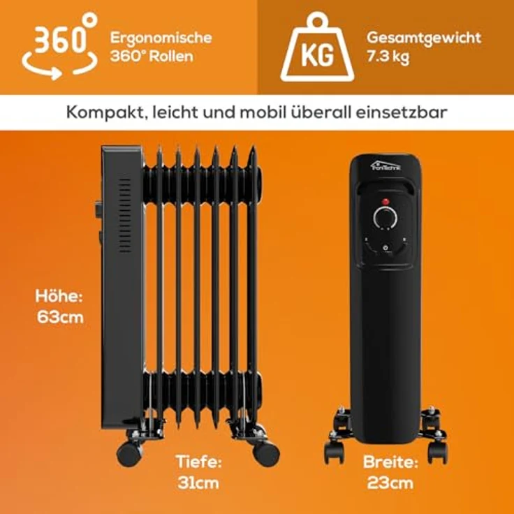 Tronitechnik® Ölradiator TT-OR 207 Elektroheizung Schwarz 3 Heizstufen 7 Rippen Energiesparend Überhitzungsschutz – Bild 4
