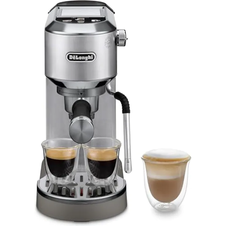 De'Longhi DEDICA DUO, Espressomaschine mit integriertem Milchaufschäumer, Metallic, für 2 Tassen, 4 Speicherplätze