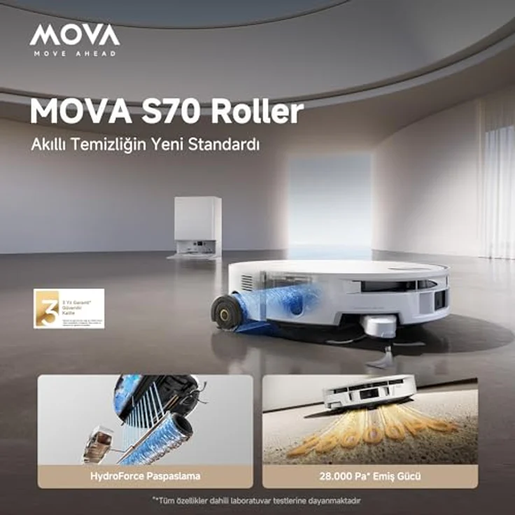 Mova Saugroboter S70 Roller, 28.000Pa Saugkraft, HydroForce-Wischen, 700 W, CovertSense-Navigation, 90mm flaches Gehäuse – Bild 9