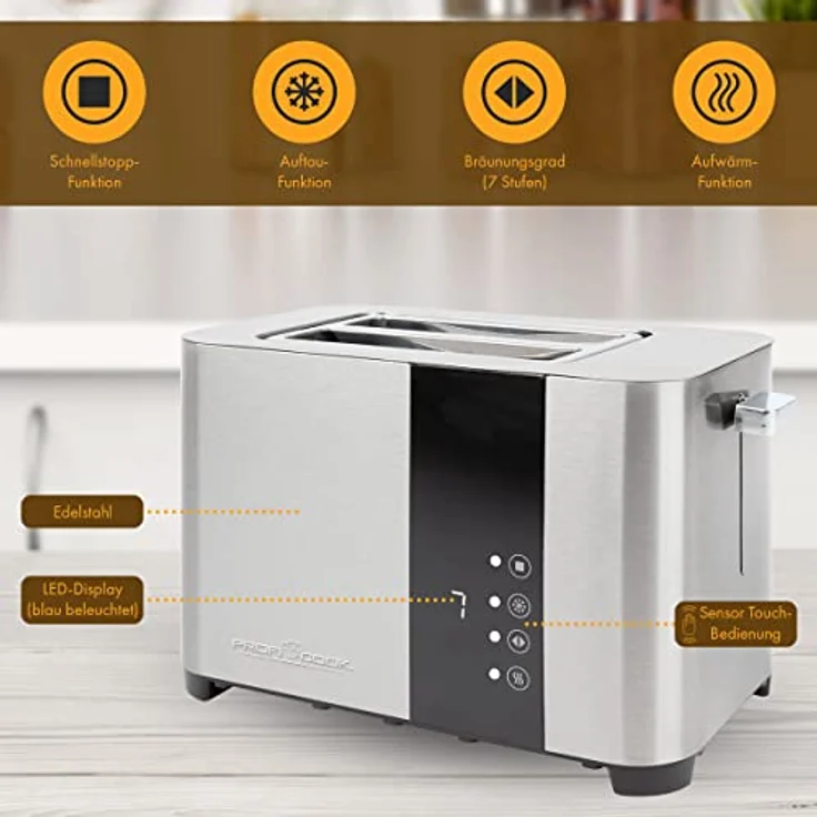 ProfiCook Toaster, Toaster 2 Scheiben mit Sensor Touch Bedienung, Auftau-, Aufwärm-/ Schnellstoppfunktion, Toaster mit Brötchenaufsatz, Toaster Edelstahl, PC-TA 1250 – Bild 4