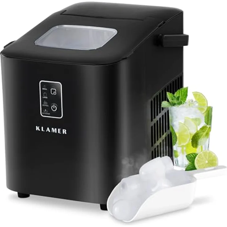 KLAMER Eiswürfelmaschine klein 2025, 8 Eiswürfel in 8 Minuten, 11 kg Eis pro Tag, 2 Eiswürfelgrößen, 1 L Wassertank, geräuscharm mit Tragegriff und Eisschaufel – Bild 1