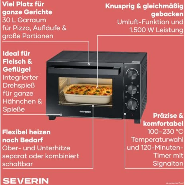 Severin TO 9020 Minibackofen, elektrisch mit Grillfunktion, 1600 W, schwarz – Bild 3