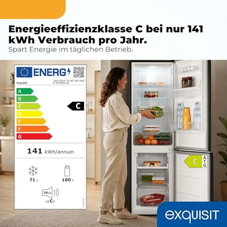 Exquisit Kühl-Gefrierkombination KGC5265-70-NF-WS-040C, 251 l No Frost, Wasserspender, Energieklasse C, leise 39 dB, schmal 54 cm, inoxlook-az – Bild 2