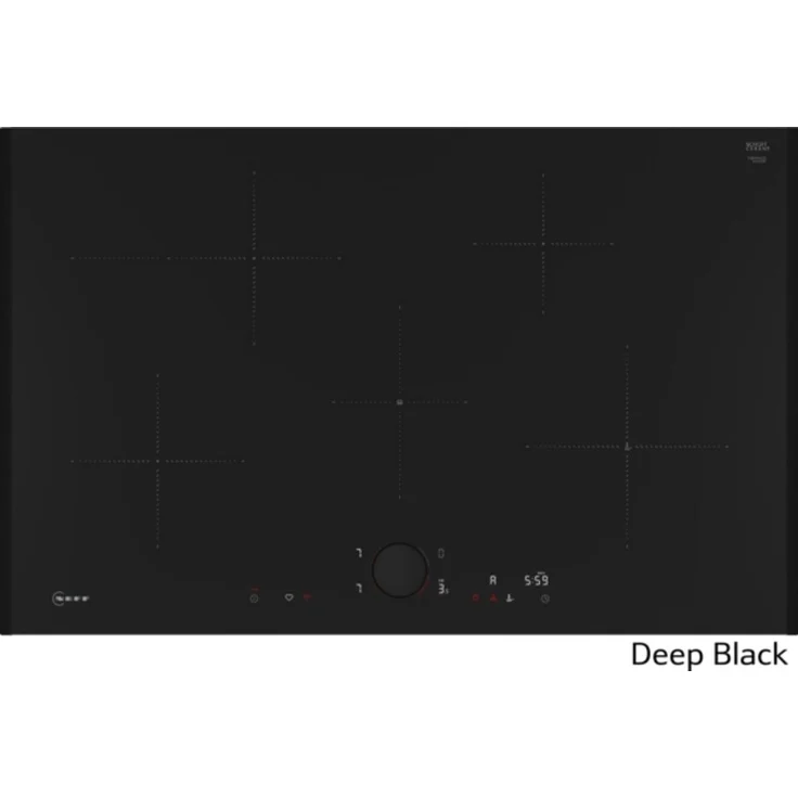 NEFF Induktions-Kochfeld N 90 T58YYF4C0, 80 cm autarkes Kochfeld in Deep Black mit FlexDesign, 5 Kochzonen, Twist Pad Steuerung und Home Connect Funktion