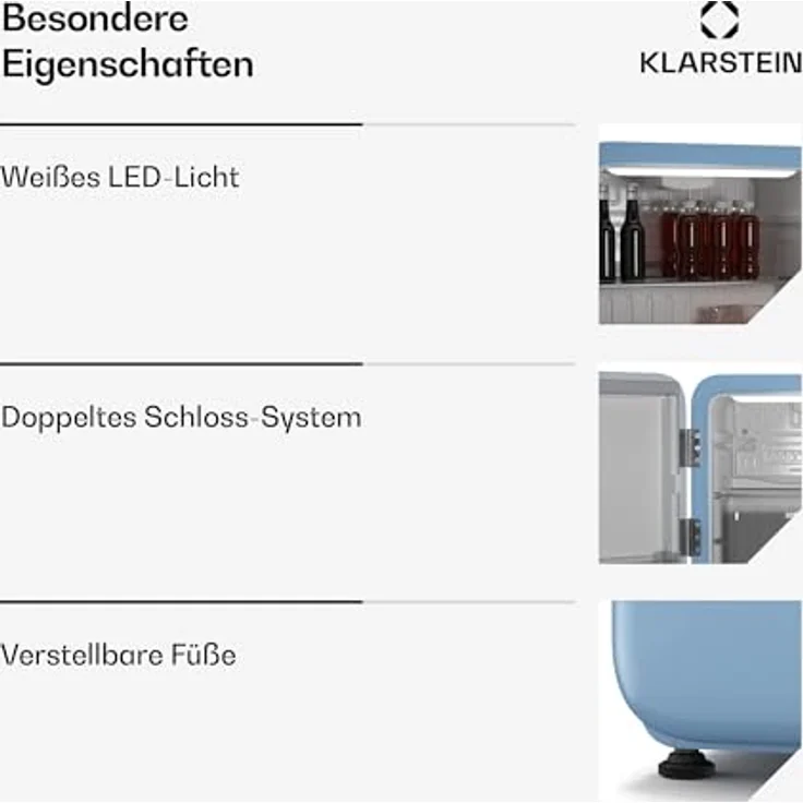 Klarstein Audrey Evo Mini Kühlschrank, 43 Liter, Retro-Design, leise (40 dB), reversible Tür, 49.5 cm hoch, blau – Bild 6