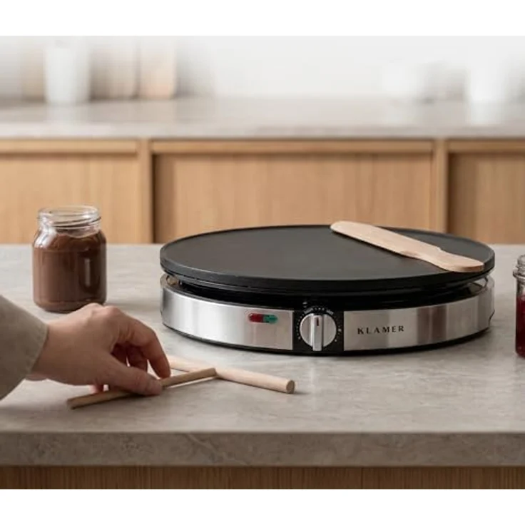 KLAMER Crêpesmaker 30 cm, 1400 W, Antihaftbeschichtung, stufenlose Temperatureinstellung, inkl. Teigverteiler und Wender – Bild 8