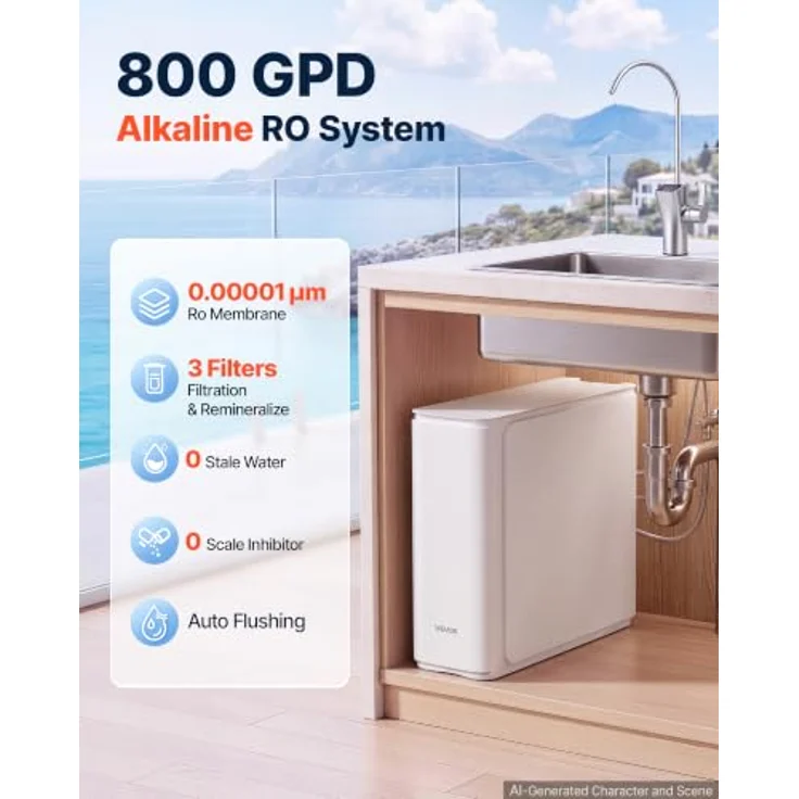 VEVOR Umkehrosmoseanlage Untertisch 800 GPD, 8-stufiger Wasserfilter mit Edelstahlhahn und TDS-Anzeige, 2:1 Reinwasser zu Abwasser, pH 7,5–8,5, einfacher Filterwechsel, CE – Bild 3