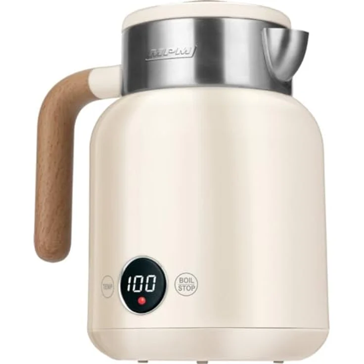 MPM Doppelwandiger Wasserkocher 1,5 Liter Retro Woodlook, Temperaturregelung 40-100°C, 2200W, digitale Anzeige, Edelstahl (Weiß) – Bild 2