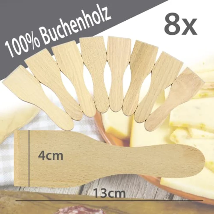 Smart-Planet 8er Set Raclettespachtel aus hitzebeständigem Buchenholz - Raclettekratzer 13x4cm - Schaber für Raclette Pfännchen - Spachtel Set für Silvester – Bild 2