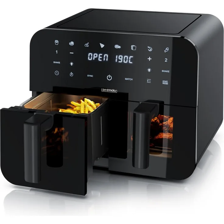 Arendo Heißluftfritteuse XXL Doppelkammer 9L, 2400 W, Dual Zone mit Touchscreen, Sichtfenster, 3D Umluftsystem, Zubehör, fettarmes gesundes Kochen