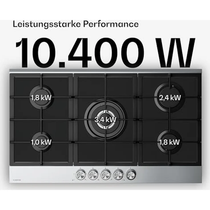 Klarstein Verosteel Gaskochfeld, 90cm 5-Brenner Kochfeld, Glas & Edelstahl, 10400W, Flüssiggas/Erdgas, elektrische Zündung, Flammenausfallschutz – Bild 3