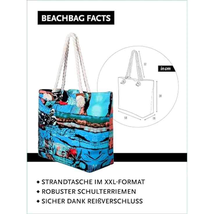 DonDon Strandtasche XXL mit Reißverschluss, praktische Shopper Tasche Damen, Badetasche für Strand und Meer mit praktischer Mini Tasche im Abstract Art Design – Bild 2