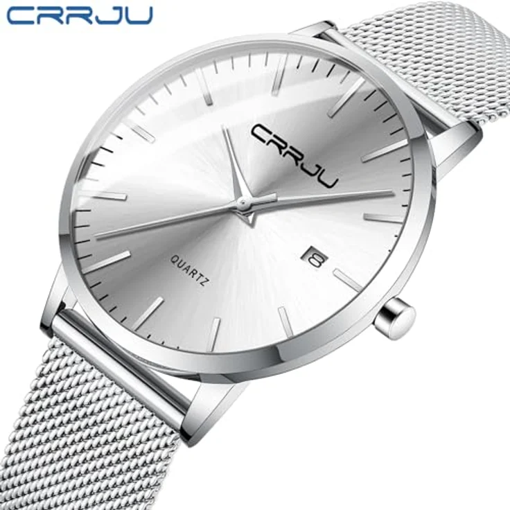 CRRJU Ultra Dünne Herren Uhr, Wasserdicht mit Schwarz Edelstahlarmband Mesh, Analog Quarz, Business Stil, Silber – Bild 2