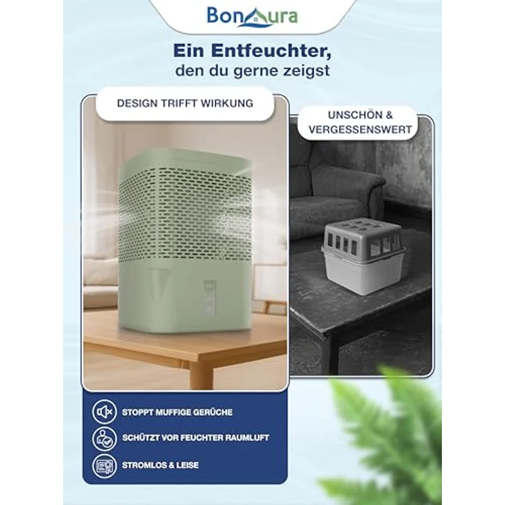 BonAura® Luftentfeuchter ohne Strom, effektiver Raumentfeuchter für Räume bis 23m², inklusive 680g Nachfüllpack Granulat, Schutz vor Schimmel – Bild 5