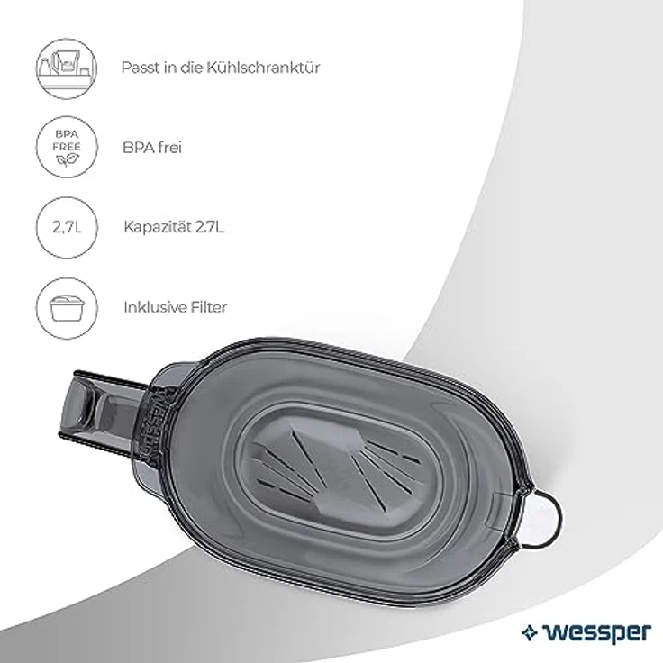 Wessper Wasserfilter kanne Für Kühlschranktür 2.7L, Wasserkaraffe mit einem aktivkohle wasserfilter Kompatibel mit Brita Maxtra Filterkartuschen, Schwarz – Bild 2