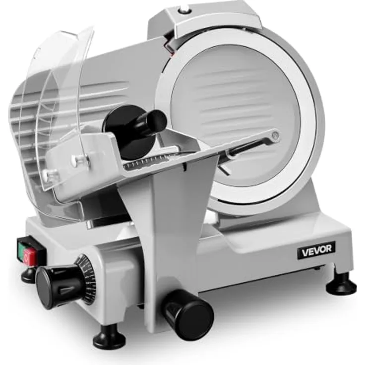 VEVOR Fleischschneidemaschine SY-220JA, 300 W, elektrischer Allesschneider mit 0-12 mm Schnittdicke, 300-450 U/min, Edelstahl-Schale und Messerschärfer