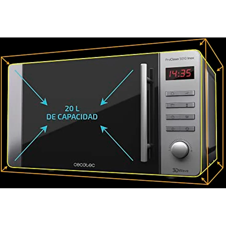 Cecotec Pro Clean 5010 Inox Mikrowelle, Standgerät, 700 Watt, 20 Liter Garraum, Ready 2 Clean Beschichtung Antihaft 3D Wave Full Black Spiegeltür 8 Programme 60 Min Timer LED Kindersicherung Rostfreier Edelstahl In Silber Schwarz – Bild 5