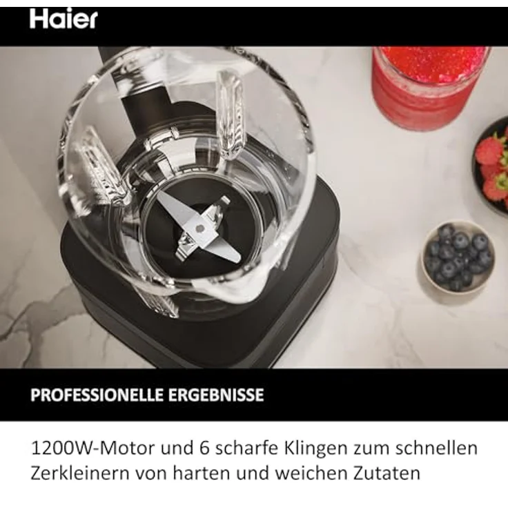 Haier Mixer mit Ice-Crush-Funktion & Smoothie Maker, 1200W I Standmixer mit 1,7L Glasbehälter & 0,6l To-Go-Flasche I Selbstreinigungsfunktion, Spülmaschinenfest & 5 Geschwindigkeiten [Serie 5-HBL5B2] – Bild 4