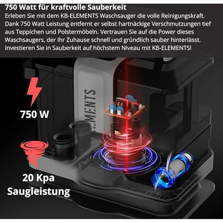 KB ELEMENTS Waschsauger Polsterreiniger, 750 Watt, 1080 ml Schmutzwassertank, inklusive Fenster- und Fliesenaufsatz, Tierhaarbürste, 5 Meter Kabel – Bild 4