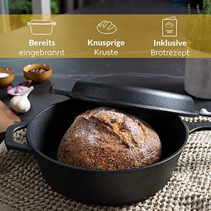 Chefarone® Gusseisen Topf mit Griff 2IN1 - Brotbackform mit Deckel 3L - Bräter mit Deckel Backofengeeignet - Gusseisen Topf Brot Backen zu Hause - Brottopf zum Backen - Cast Iron Pan – Bild 3