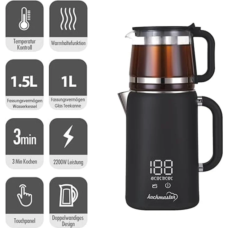 kochmaster Dem Keyfi Digital Vision Teekocher, 2200W mit Digitaldisplay und Trockenlauf-Schutz, mattes Gehäuse – Bild 2
