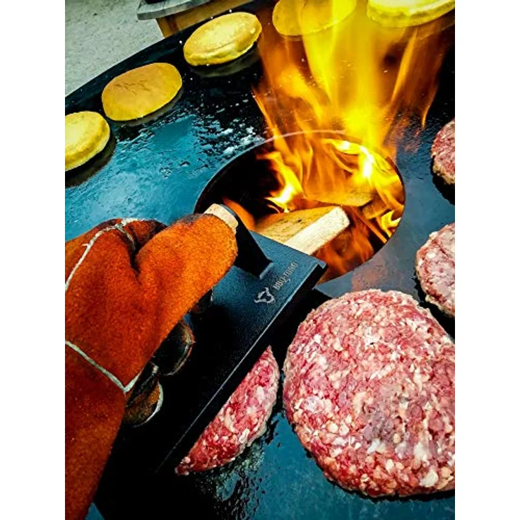 BBQ-Toro 4er Set Burgerpresse, Gusseisen Fleischbeschwerer 1 kg mit Holzgriff, bereits eingebrannt – Bild 2