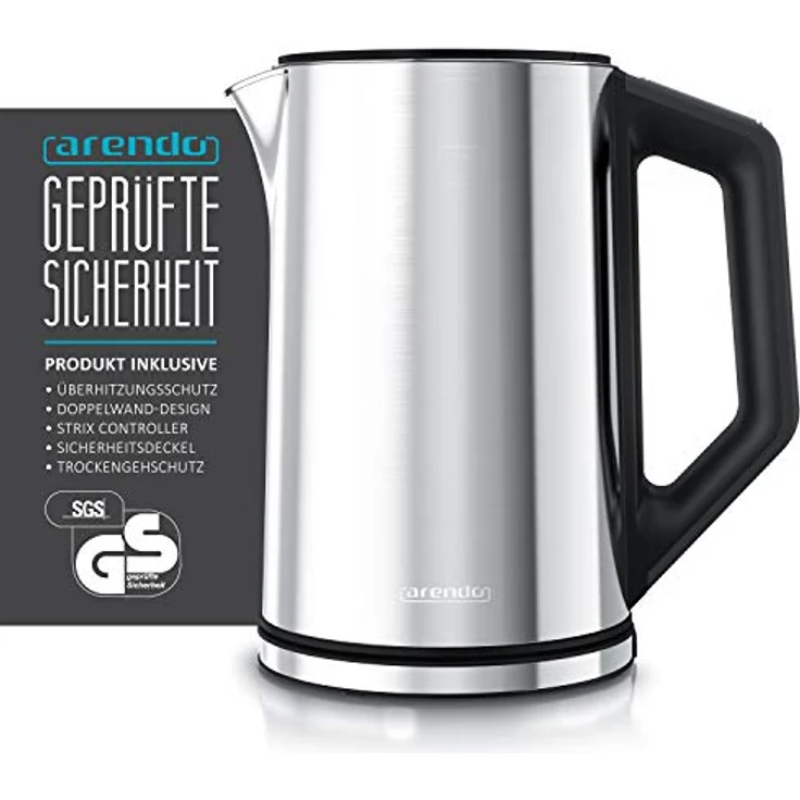 Arendo Edelstahl Wasserkocher mit Temperatureinstellung 40-100 Grad in 5er Schritten - Doppelwand Design - Modell ELEGANT - 1,5 Liter - 2200 W - Teekocher mit Temperaturanzeige - Silber glänzend – Bild 3