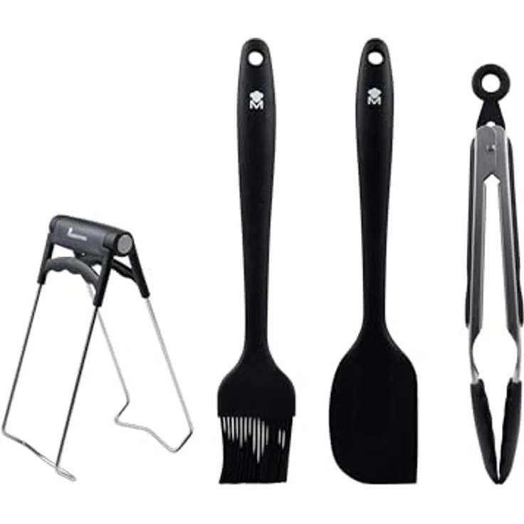 MasterPRO Foodies Set von 4 schwarzen Küchenutensilien, Silikon und Edelstahl, Pinsel 26 cm, Spatel 28 cm, Lebensmittelklemme 18 cm