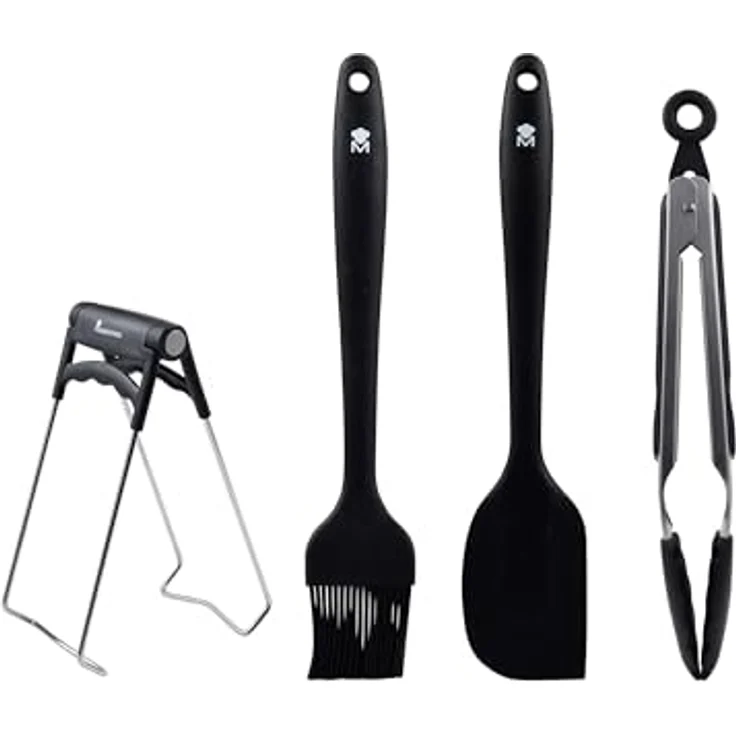 MasterPRO Foodies Set von 4 schwarzen Küchenutensilien, Silikon und Edelstahl, Pinsel 26 cm, Spatel 28 cm, Lebensmittelklemme 18 cm – Bild 1