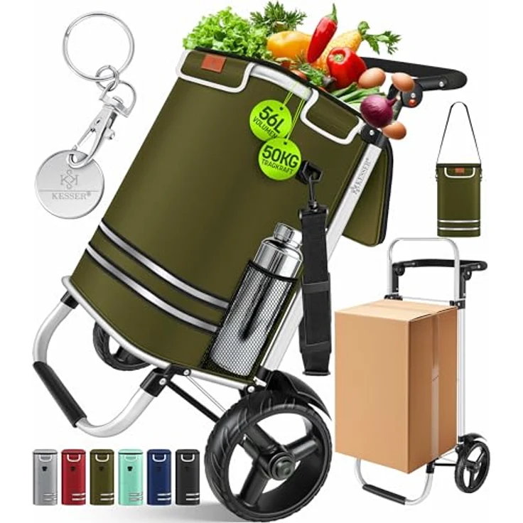 KESSER® Einkaufstrolley klappbar 56L, belastbar bis 50kg, 3in1 Trolley mit Kühlfach, Treppensteiger, Umhängetasche, Khaki – Bild 1
