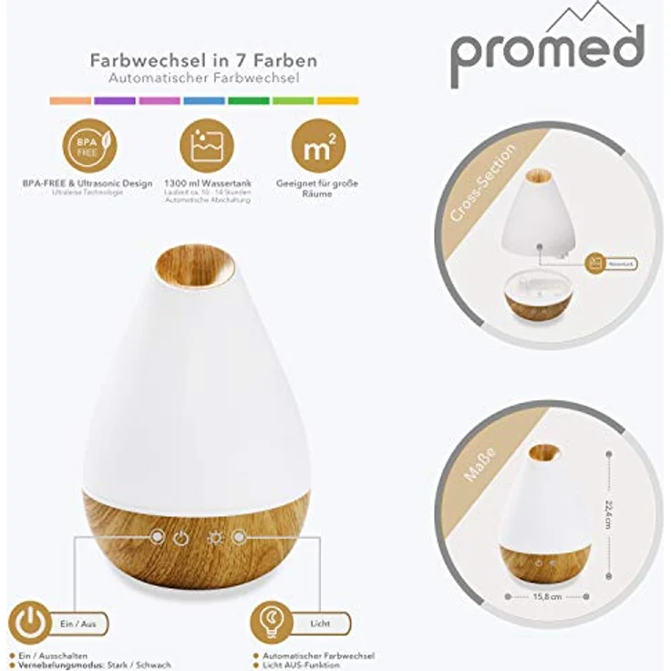 Promed AL-1300 WS Aroma Diffusor 1300 ml, Ultraschall Luftbefeuchter 1,3 Liter, Humidifier, Raumbefeuchter, elektrische Duftlampe Holzdesign mit 7 Farben LED Licht, Aroma Diffuser, Aromatherapie – Bild 2
