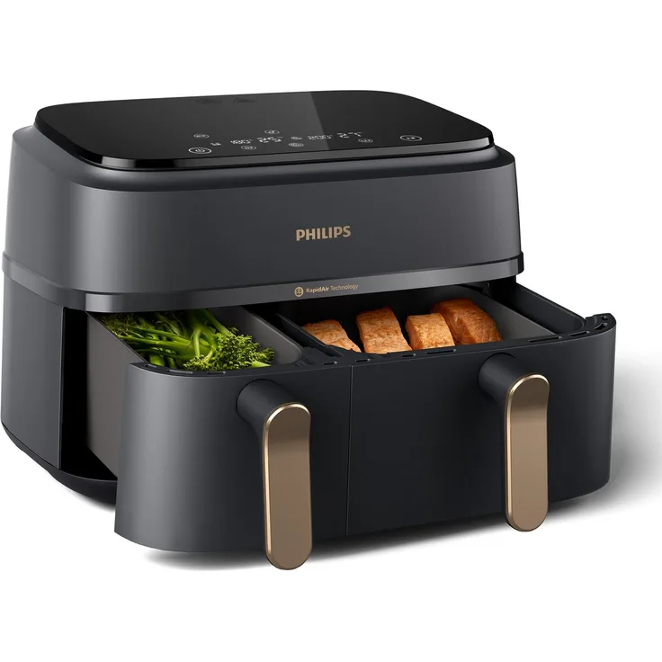 Philips Heißluftfritteuse 3000 Series NA352/00, Dual Basket Airfryer mit 9L Kapazität (3L+6L), 2750 W, RapidAir Technologie, Digitales Display, HomeID App, Schwarz/Kupfer - Preisvergleich