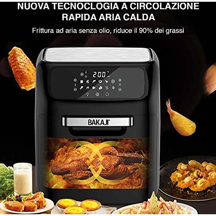 Bakaji Heißluftfritteuse, Kühlschrank, Trockengrill, ohne Öl, Airfryer Fassungsvermögen: 12 l, LED-Touch-Display 12 Programme, Timer-Einstellung, Temperaturregelung, Leistung 1800 W (schwarz) – Bild 5