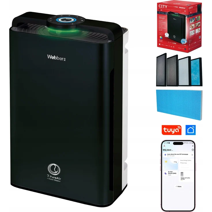 WEBBER Luftreiniger AP9700, WIFI HEPA13 mit UV-Ionisator und Luftbefeuchter, Schwarz