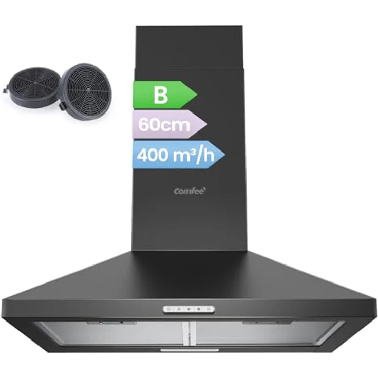 COMFEE' PYRA17B-60, Dunstabzugshaube 60 cm Edelstahl mit 320 m³/h Saugleistung, LED-Beleuchtung und Kohlefilter – Bild 2
