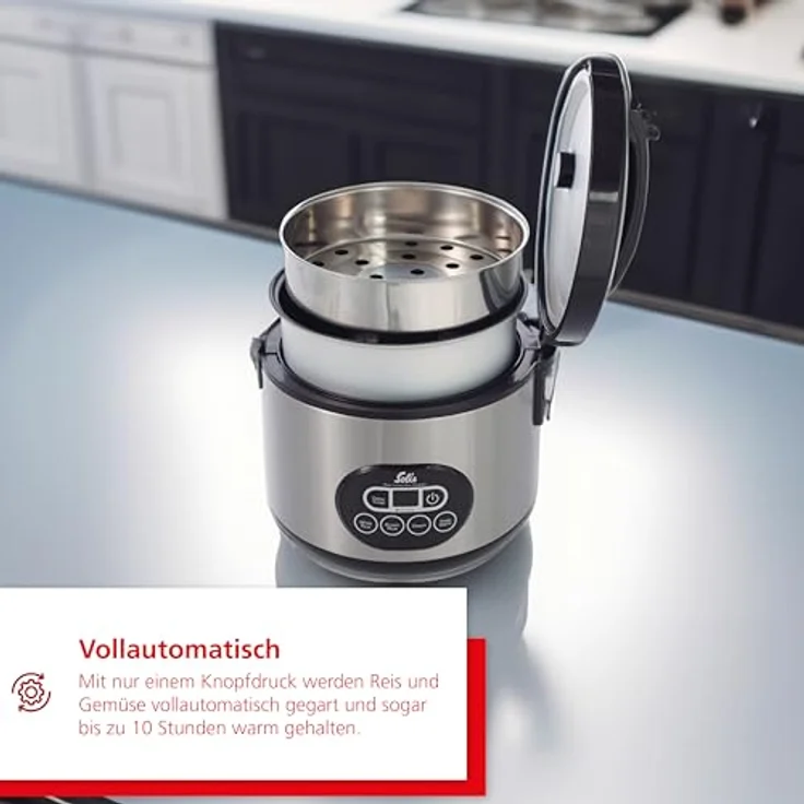 Solis Reiskocher und Dampfgarer, Weißer-brauner Reis, Timer und Warmhaltefunktion, 6 Tassen Reis, 1,2 Liter, 500 Watt, Inklusive Messbecher und Schöpflöffel, Duo Program Typ 817 – Bild 2