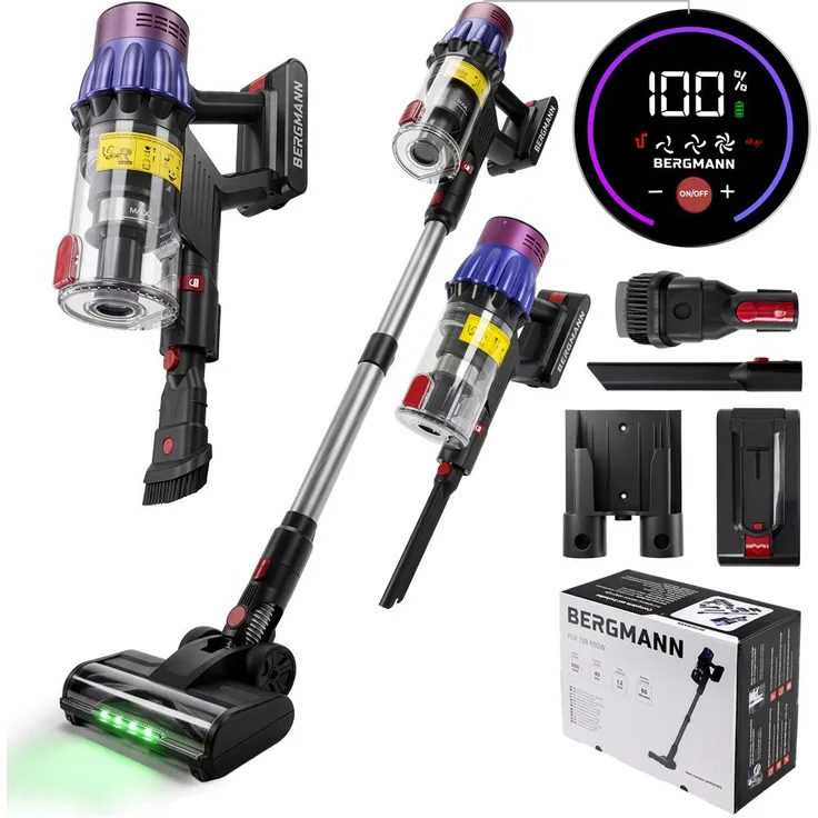 Bergmann PUX 728, Kabelloser Staubsauger mit HEPA-Filter, 1200 ml Behälter, 650W, 3 Saugmodi