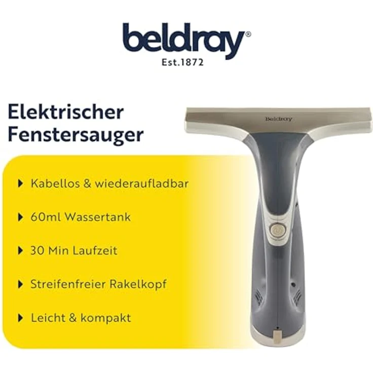 Beldray Fenstersauger Akku Kabellos, Elektrischer Fensterreiniger mit 60ml Tank, 30 Min Laufzeit, Streifenfreier Wischer mit Rakelkopf – Bild 2