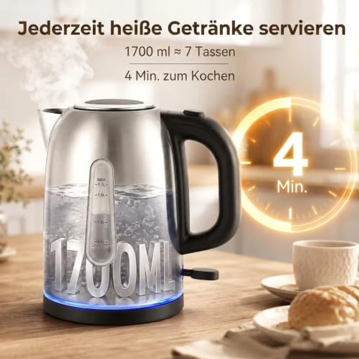 HOMCOM Wasserkocher und Toaster Set, 1,7 l Schnellkoch-Wasserkocher und 4-Scheiben-Toaster, Silber – Bild 3