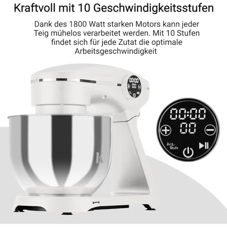 KLAMER Küchenmaschine 1800W, Knetmaschine mit 6 Liter Edelstahl Schüssel, 10 Geschwindigkeitsstufen mit Timer, Rührbesen, Knethaken, Schneebesen und Spritzschutz – Bild 5
